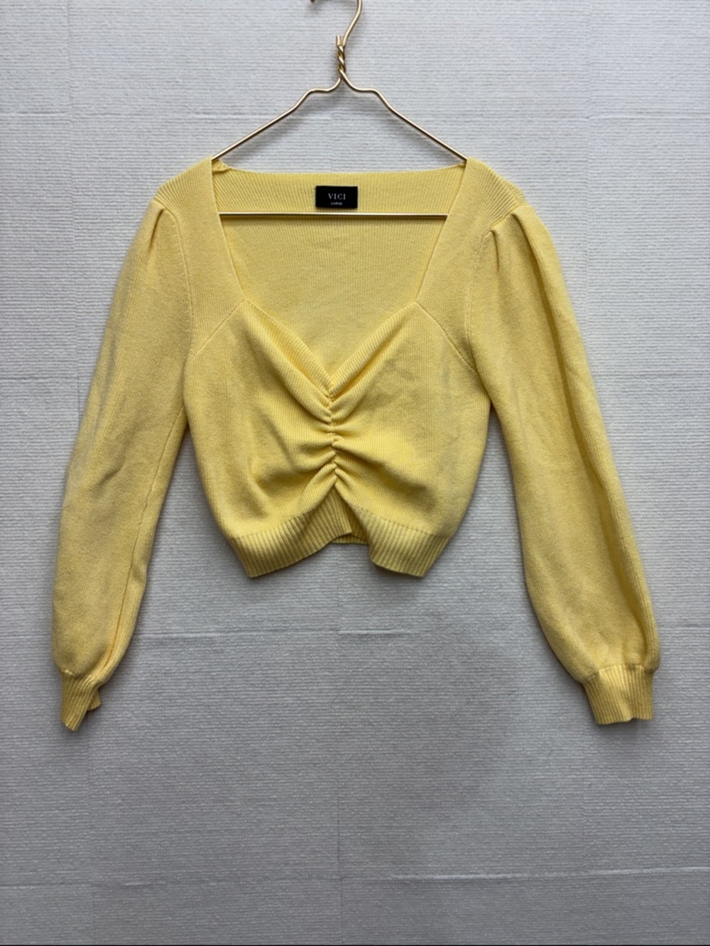 VICI Lemon Yellow Ruched Square Neck Crop Sweater large